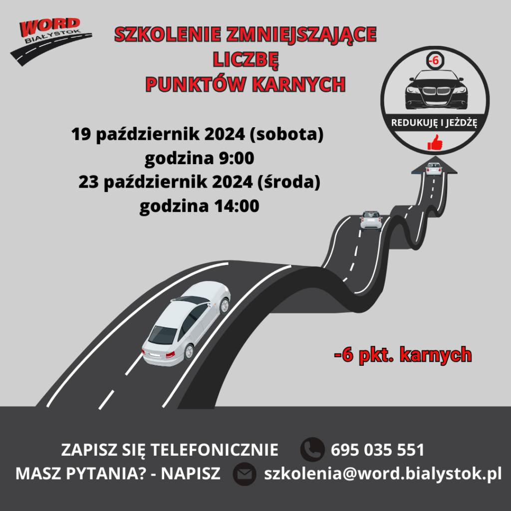 Plakat informacyjny. Szkolenie zmniejszające liczbę punktów karnych w każdą środę od godz. 14:00, a w sobotę od 9:00.