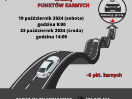 Plakat informacyjny o szkoleniu zmniejszającym liczbę punktów karnych.