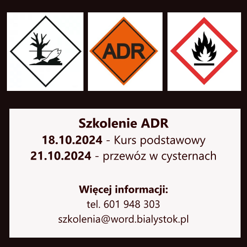 Kurs kierowców ADR, Plakat informacyjny, termin szkolenia 18-21.10.2024