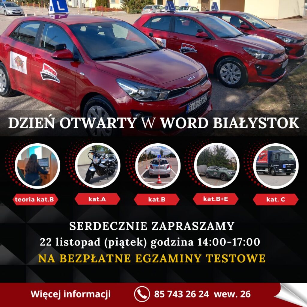 Plakat informacyjny. Dzień otwarty w WORD w Białymstoku. Zapraszamy w dniu 22 listopada 2024 r. (w piątek) w godzinach od 14:00 do 15:00 na bezpłatne egzaminy próbne. Próbne egzaminy w zakresie części teoretycznej kat B. oraz próbne egzaminy w zakresie części praktycznej kat. A, B, B+E i C.
Więcej informacji pod nr telefonu 85 743 26 24 wewnętrzny 26