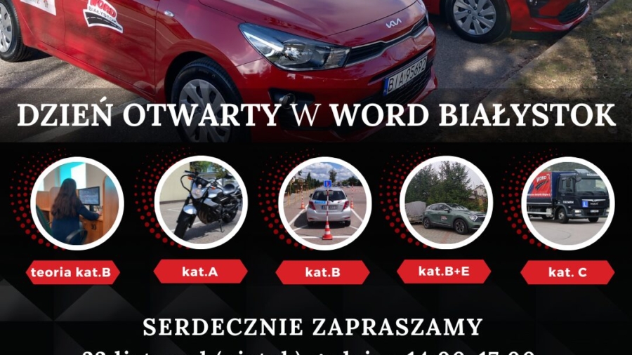 Plakat informacyjny. Dzień otwarty w WORD w Białymstoku. Zapraszamy w dniu 22 listopada 2024 r. (w piątek) w godzinach od 14:00 do 15:00 na bezpłatne egzaminy próbne. Próbne egzaminy w zakresie części teoretycznej kat B. oraz próbne egzaminy w zakresie części praktycznej kat. A, B, B+E i C. Więcej informacji pod nr telefonu 85 743 26 24 wewnętrzny 26