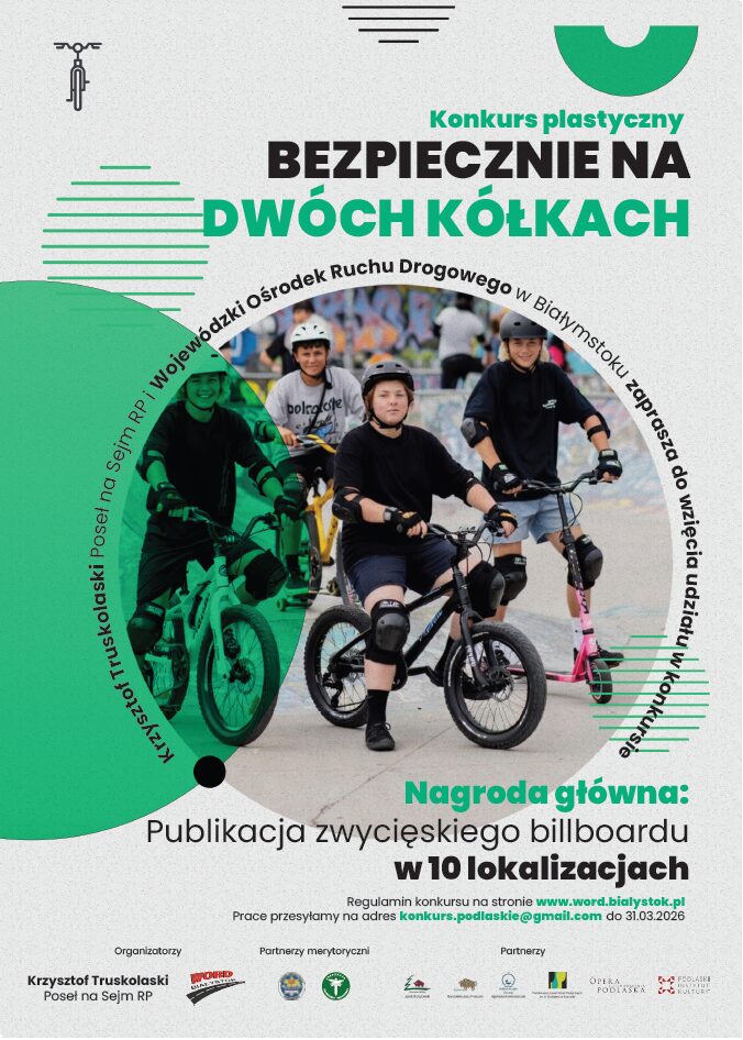 plakat informacyjny Konkurs plastyczny „Bezpiecznie na dwóch kółkach”